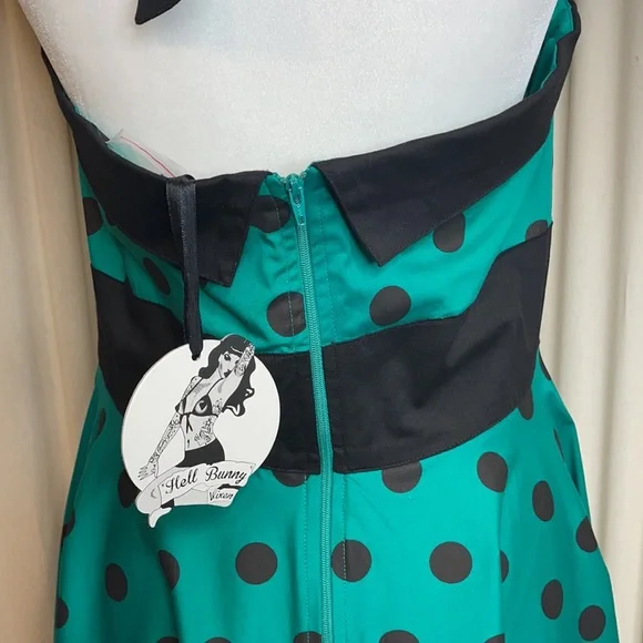 🎉HP🎉NWT- HELL BUNNY VIXEN GREEN & BLACK HALTER PINUP DRESS SIZE LARGE - Picture 5 of 15